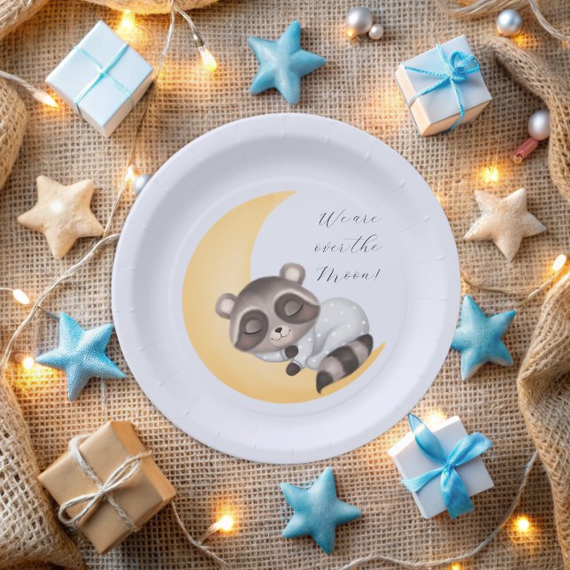 Assiettes En Carton Dreamy Over the Moon Raccoon Boy Baby shower (Dreamy Over the Moon Raccoon Boy Baby Shower Paper Plates)