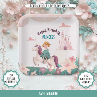 Assiettes En Carton Dreamy Princess Riding Plaque papier Carré Unicorn