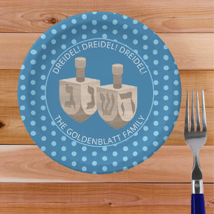 Assiettes En Carton Dreidel Rustic Oak Cute Polka Dot Hanoukka Party