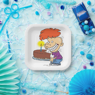 Assiettes En Carton Drôle caricaturiste avec gâteau d'anniversaire au