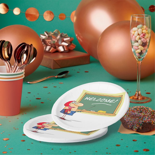 Assiettes En Carton Drôle enseignant de dessin animé Bienvenue à l'éco (Créateur téléchargé)