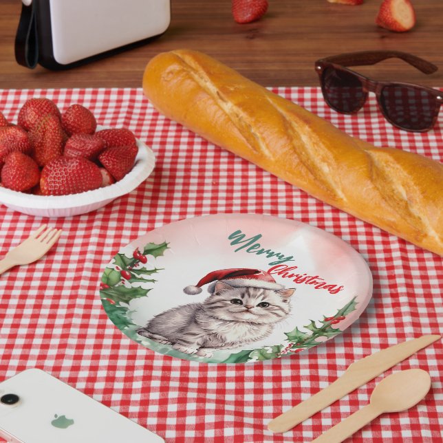 Assiettes En Carton Drôle Joyeux Noël Wreath mignonne Chat chaton (Pique-nique)