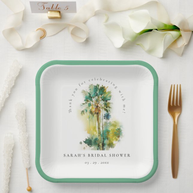 Assiettes En Carton Dusky Tropical Aquarelle Palm Trees Fête des marié (Mariage)