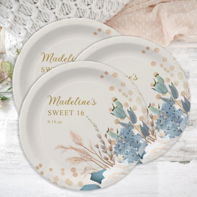 Assiettes En Carton Dusty Bleu Blanc Floral Or Parties scintillant Swe (Créateur téléchargé)