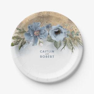 Assiettes En Carton Dusty Bleu et Parties scintillant Or Élégant Moder