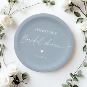 Assiettes En Carton Dusty bleu minimaliste élégante calligraphie marié
