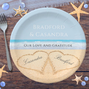Assiettes En Carton Dusty Blue Beach Mariage 2 Coeurs dans le sable