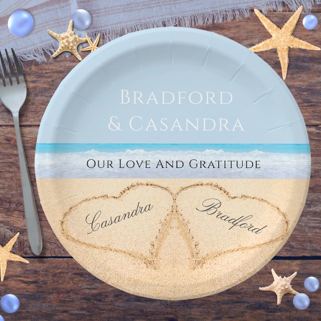Assiettes En Carton Dusty Blue Beach Mariage 2 Coeurs dans le sable (Créateur téléchargé)