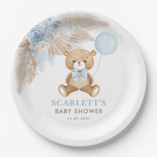 Assiettes En Carton Dusty Blue Boho Teddy Bear Bébé Garçon Douche