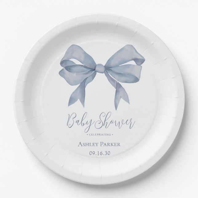 Assiettes En Carton Dusty Blue Bow Boy Baby shower (Devant)