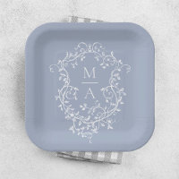 Dusty Blue Classic Floral Crest Monogram Mariage