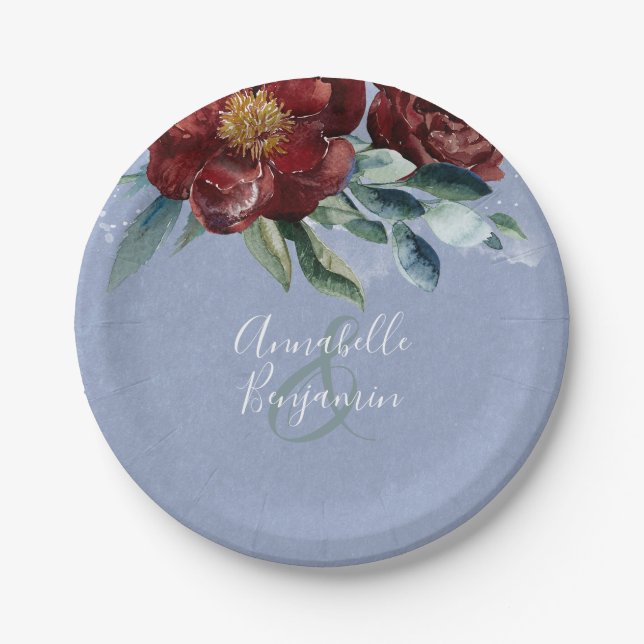 Assiettes En Carton Dusty Blue et Cranberry Burgundy Mariage (Devant)