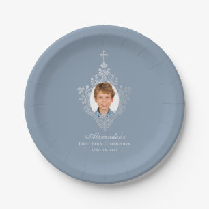 Assiettes En Carton Dusty Blue First Communion Boy Photo Faux Silver
