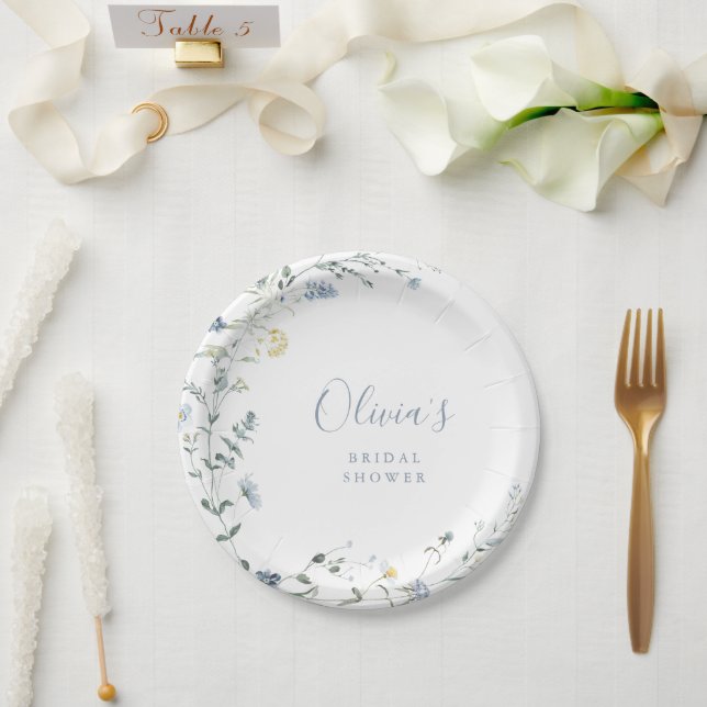 Assiettes En Carton Dusty Blue Fleur sauvage Rustic Boho Fête des mari (Mariage)