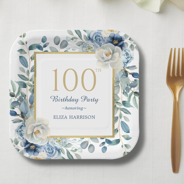 Assiettes En Carton Dusty Blue Floral 100e anniversaire (Créateur téléchargé)