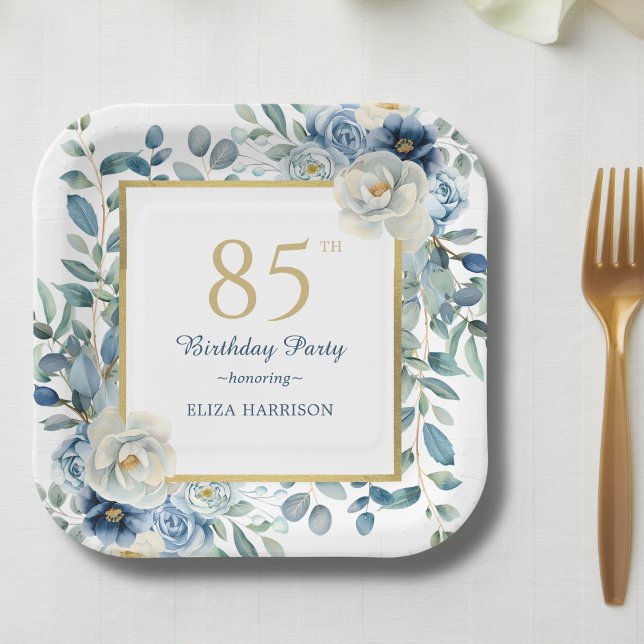 Assiettes En Carton Dusty Blue Floral 85e anniversaire (Créateur téléchargé)