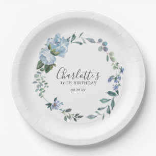 Assiettes En Carton Dusty Blue Floral Custom 18th Birthday Custom