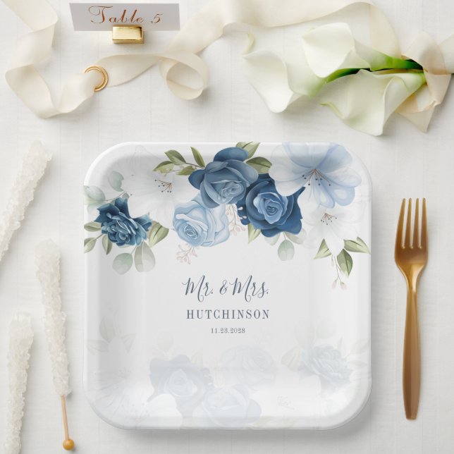 Assiettes En Carton Dusty Blue Floral Greenery M. et Mme Mariage (Mariage)