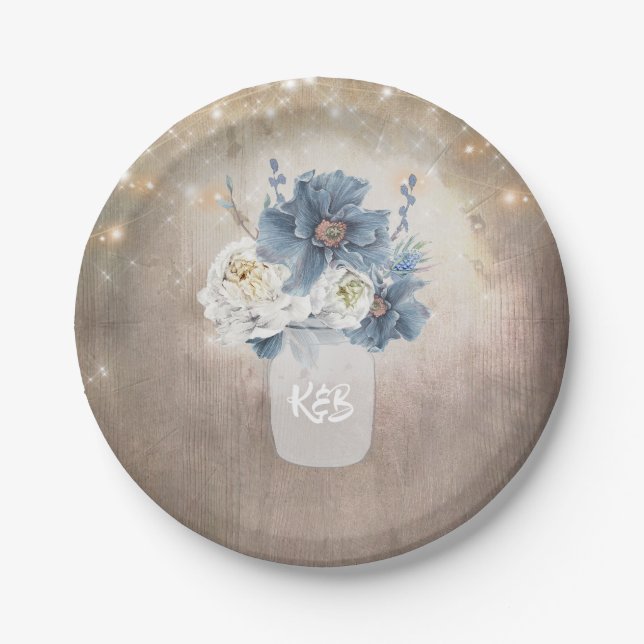 Assiettes En Carton Dusty Blue Floral Mason Jar Initiales Bois rustiqu (Devant)