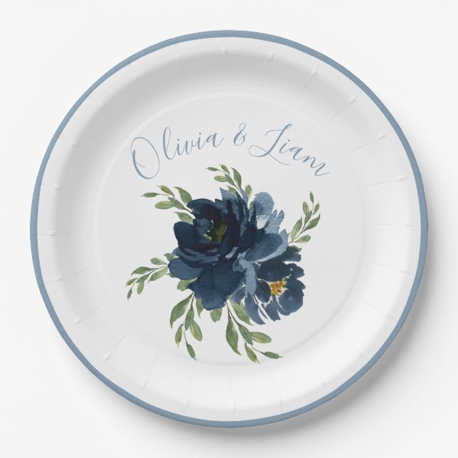 Assiettes En Carton Dusty Blue Floral Moderne Script Nom élégant (Devant)
