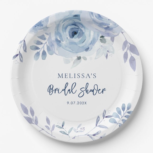Assiettes En Carton Dusty Blue Floral Rustique Mariage Script Shower (Devant)