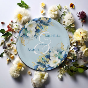 Assiettes En Carton Dusty Blue Gold Parties scintillant Floral Mariage
