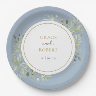 Assiettes En Carton Dusty Blue Greenery Foliage Gold Mariage
