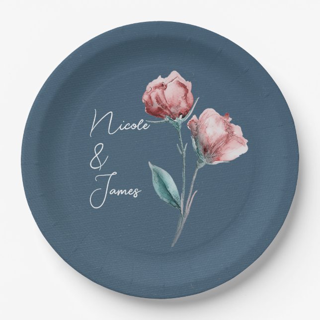 Assiettes En Carton Dusty Blue Grey Moderne Aquarelle Mariage Floral (Devant)