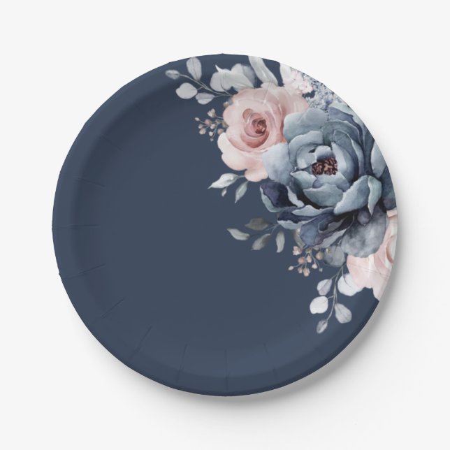 Assiettes En Carton Dusty Blue Mauve Rose rose ardoise Mariage floral  (Devant)