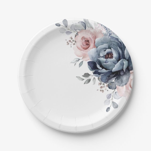 Assiettes En Carton Dusty Blue Mauve Rose rose ardoise Mariage floral (Devant)