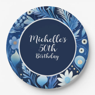 Assiettes En Carton Dusty Blue Navy Flowers 50e anniversaire