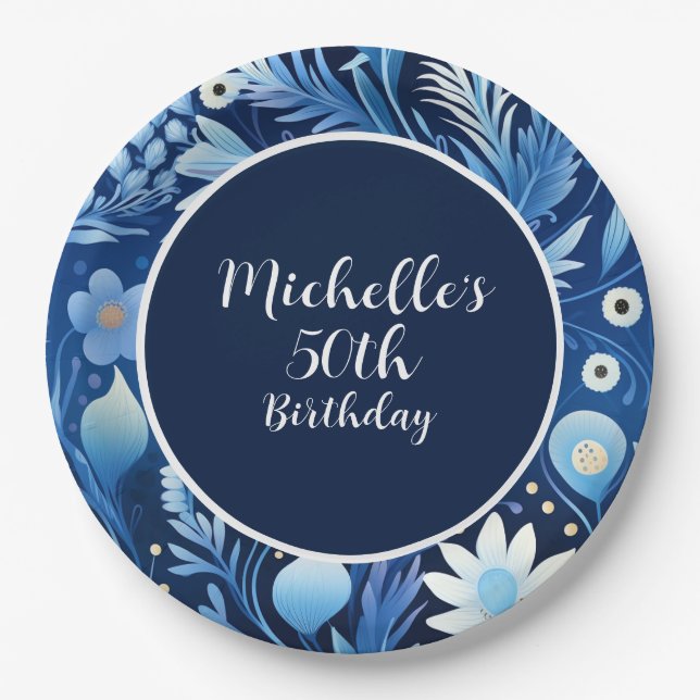 Assiettes En Carton Dusty Blue Navy Flowers 50e anniversaire (Devant)
