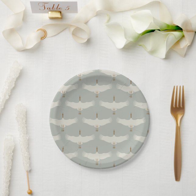 Assiettes En Carton Dusty Blue Neutral Birds Grues Art Déco Motif (Mariage)