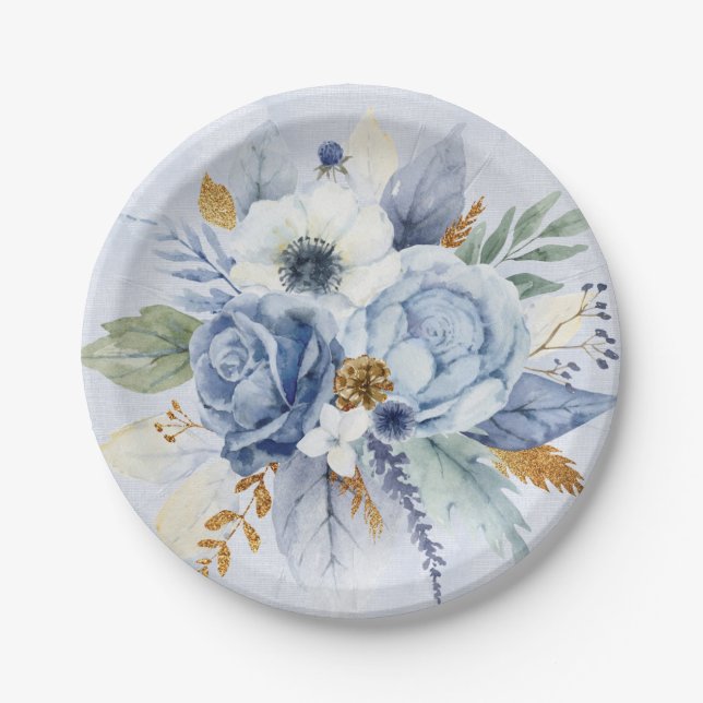 Assiettes En Carton Dusty Blue Peony Rose Botanique Floral Mariage (Devant)