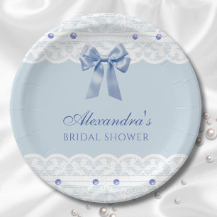 Assiettes En Carton Dusty Blue Regency Pearl Satin Bow Fête des mariée
