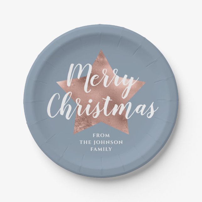 Assiettes En Carton Dusty Blue Rose Gold Star Joyeux Noël (Devant)