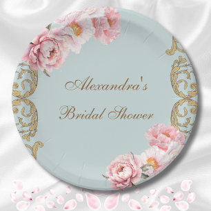 Assiettes En Carton Dusty Blue Rose Pivoine Vintage Floral Fête de Mar