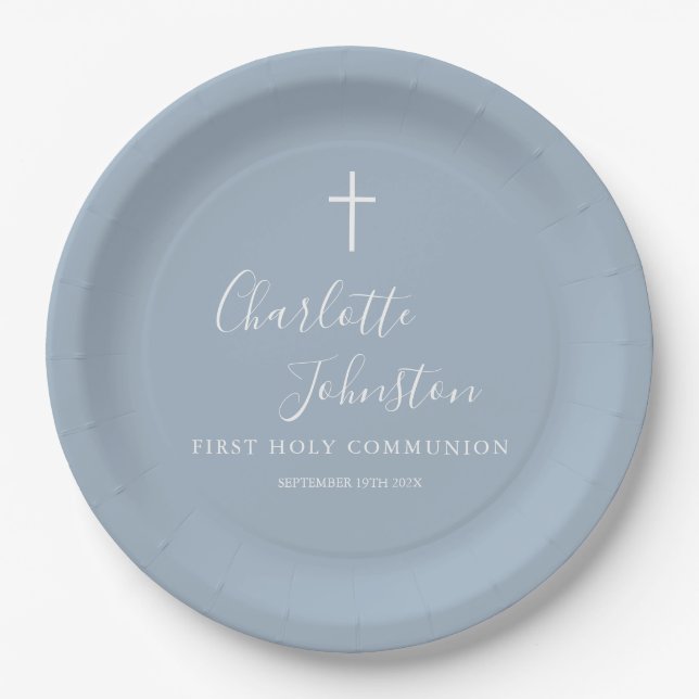 Assiettes En Carton Dusty Blue Script First Holy Communion Papier Plaq (Devant)