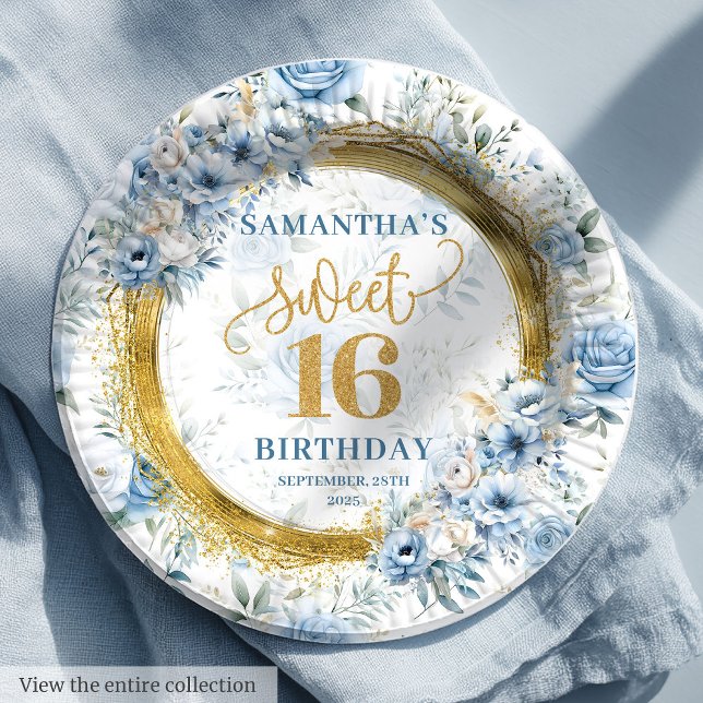 Assiettes En Carton Dusty Blue Sweet 16 Gold Parties scintillant Party (Luxury Dusty Blue Sweet 16 Gold Glitter Party Paper Plates)