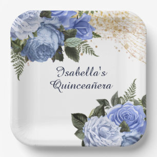 Assiettes En Carton Dusty Blue Vintage Floral Gold Parties scintillant