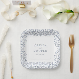 Assiettes En Carton Dusty Blue Vintage Ornate Frame Classic Mariage