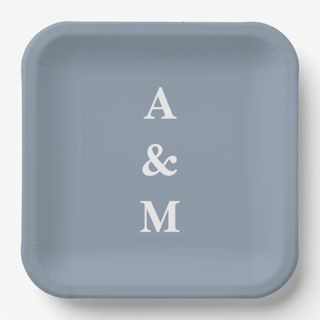 Assiettes En Carton Dusty Blue White Monograms Mariage initial élégant (Recto)