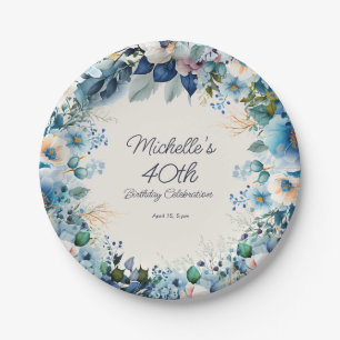Assiettes En Carton Dusty Blue White Navy Floral Femmes 40e anniversai