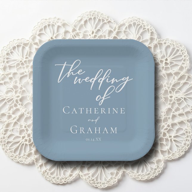 Assiettes En Carton Dusty Blue White Typographie Mariage côtier (Créateur téléchargé)