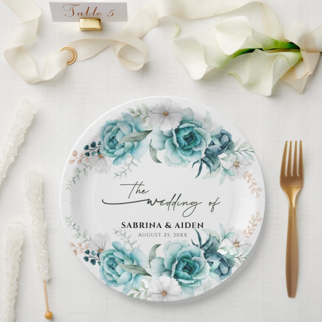 Assiettes En Carton Dusty Emerald Green Blanc Floral Mariage (Mariage)