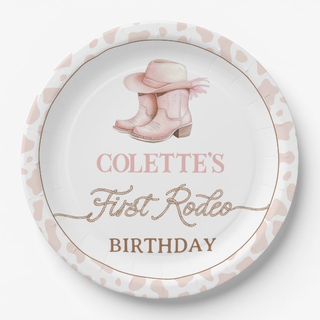 Assiettes En Carton Dusty Pink Cowgirl Bottes Premier Rodéo 1er Annive (Devant)