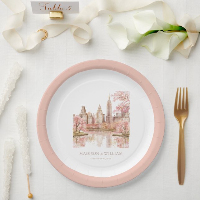 Assiettes En Carton Dusty rose aquarelle New York Mariage (Mariage)
