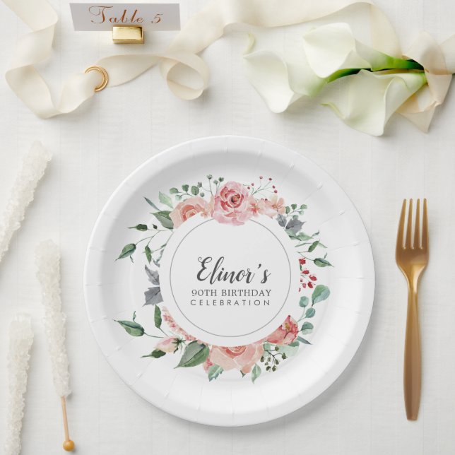 Assiettes En Carton Dusty rose floral 90e anniversaire Merci (Mariage)