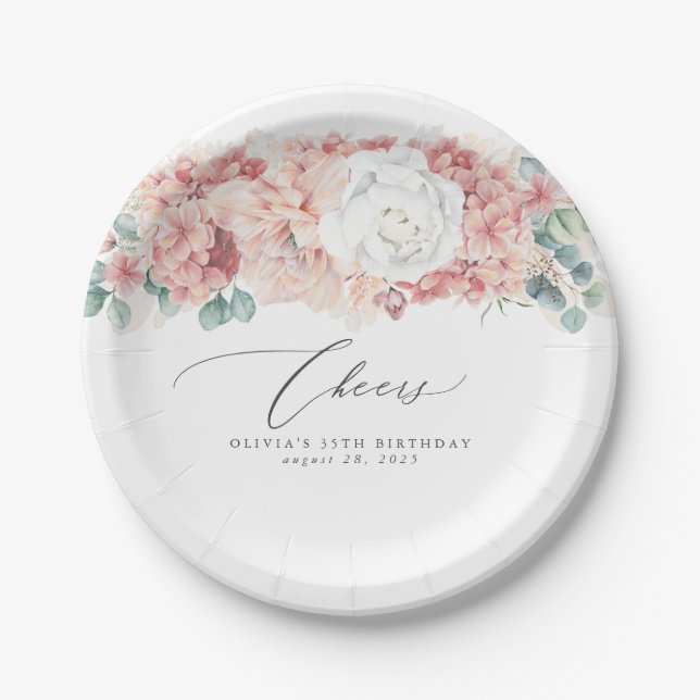 Assiettes En Carton Dusty Rose Pêcher Floral Élégant Botanique (Devant)