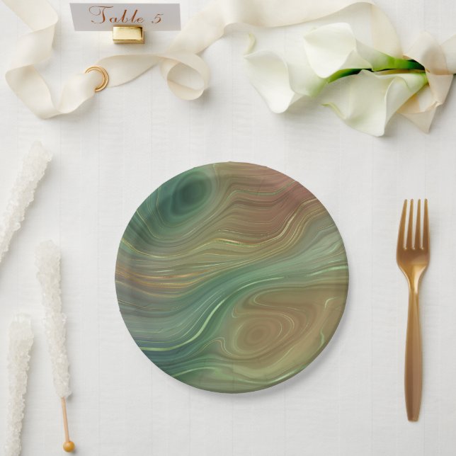 Assiettes En Carton Earthy Emerald Strata | Agate d'encre verte et dor (Mariage)